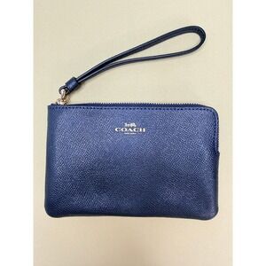 NEW COACH Corner Zip Wristlet Navy Blue Crossgrain Leather Gold Hardware F58032